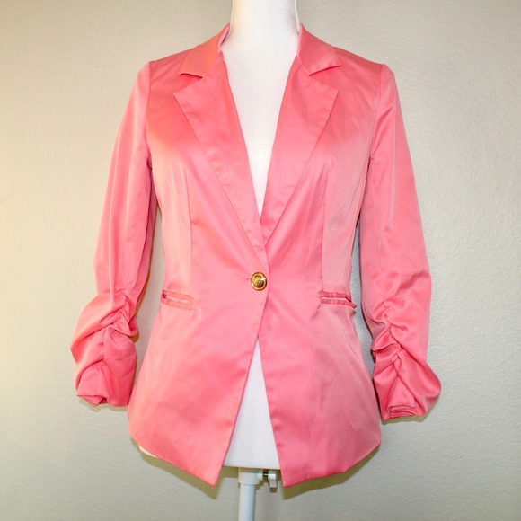 ezra Jackets & Blazers - Ezra Woman’s Pink With Gold Button Mid Sleeve Blazer - Size Medium